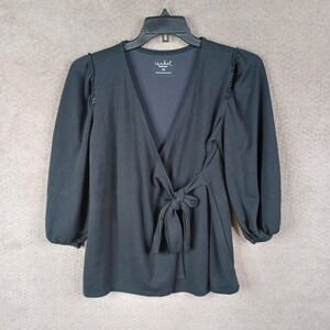 Isabel Shirt Womens XS‎ Black v Neck Wrap Blouse Tie Up Rayon Blend Stretch